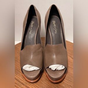 Elizabeth and James E-Mae Taupe Leather Block Stacked Peep Toe Slip On Heels